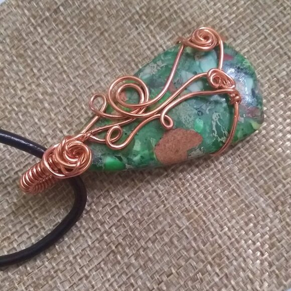 Chunky! Green Sea Sediment Jasper Pendant w. Leather Cord 20"! New Fall Jewelry! - Picture 7 of 12
